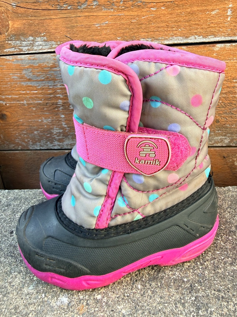 Kamik Snowbug Winter Lined Snow Boots Gray Pink Polka Dot Toddler Girls Size 7